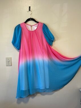 Girls Pink and Blue Ombre Puff Sleeve Casual Dress